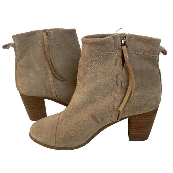 Toms Lunata Beige Suede Ankle Boots Womens 7.5 Stacked 3" Heel Side Zip - Picture 7 of 11